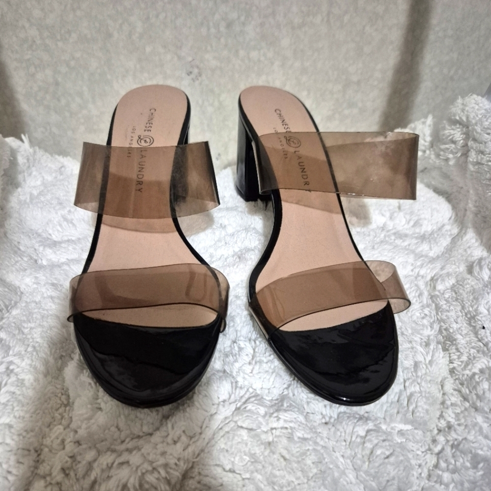 Chinese Laundry Clear Strap Block Heel Women's Black and Smoke Sandals .SIZE:10